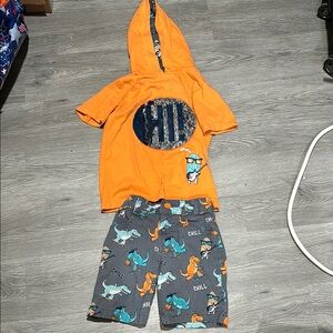 Orange Hoodie and Dinosaur Shorts Set